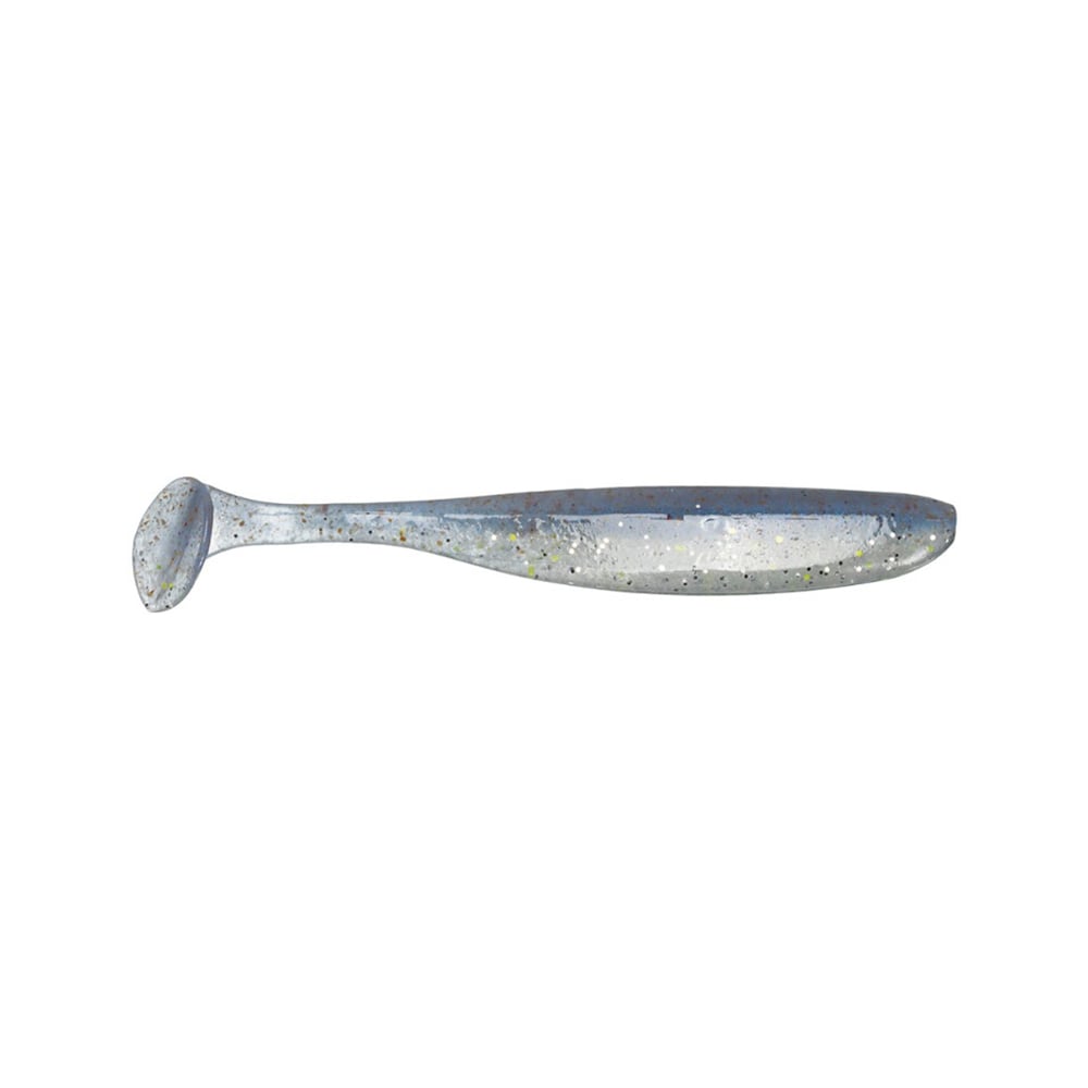 The Keitech Easy Shiner Swimbaits, by Keitech, is a transparent soft plastic bait with colorful embedded specks. It features a streamlined body and a paddle tail that imitate a small fish, making it perfect for attracting predator fish. The lure is displayed against a plain white background.