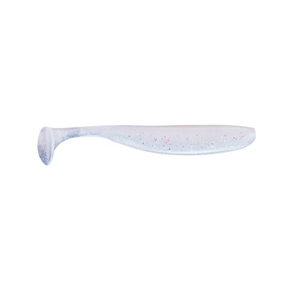 A Keitech Easy Shiner Swimbait made from soft plastic in translucent white, featuring small pink and blue speckles and emulating a natural swimming action.