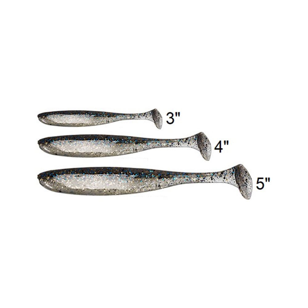 A trio of Keitech Easy Shiner Swimbaits in different sizes is showcased against a white background. These Keitech lures feature a gray and black mottled color pattern with a glittery sheen, enhancing their realistic swimming action. They are available in lengths of 3 inches, 4 inches, and 5 inches.