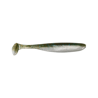 Introducing the Keitech Easy Shiner Swimbaits, a lifelike fishing lure made from soft plastic by Keitech. It features a shimmering green and silver finish that closely resembles a small fish with a paddle tail, providing a natural swimming motion to attract even the most wary fish.