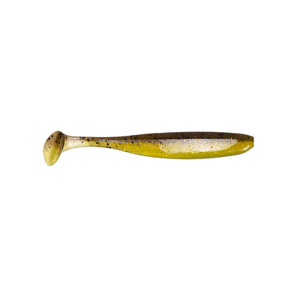 The Keitech Easy Shiner Swimbaits, crafted by the renowned brand Keitech, are soft plastic lures designed to resemble small fish. They have a greenish-yellow body adorned with black speckles and feature an expertly crafted paddle tail that delivers a lifelike swimming motion, making them irresistible to predator fish.