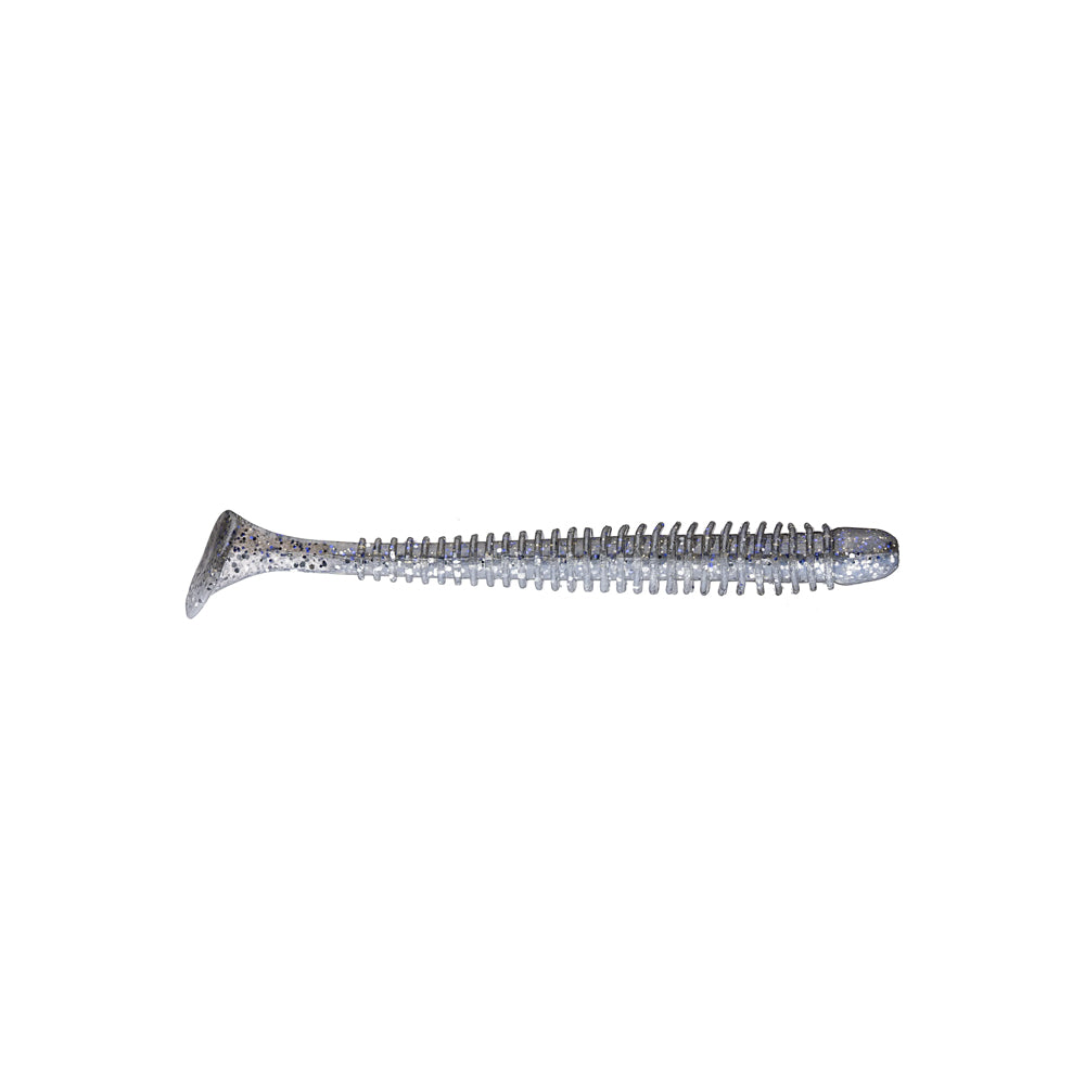 The Keitech Swing Impact Swimbaits, made by Keitech, features a silver ribbed design with a distinctive flat, wide tail and a shimmering texture that mimics small fish. Constructed from salted plastics, it’s designed to effectively attract fish. Captured against a plain white background, this swimbait is an ideal addition to your tackle box.