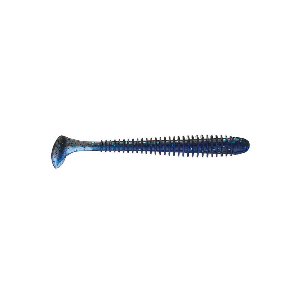 The Keitech Swing Impact Swimbait, in blue and black with a ribbed texture and paddle tail that imitates a small fish, is showcased against a white background. This lure from Keitech is perfect for anglers aspiring to win tournaments.