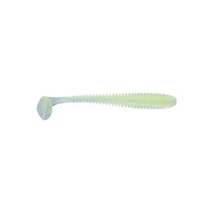 A Keitech Swing Impact Swimbait, featuring a light green, soft plastic construction with a ribbed body and paddle tail to mimic the movement of small fish, is isolated against a white background.