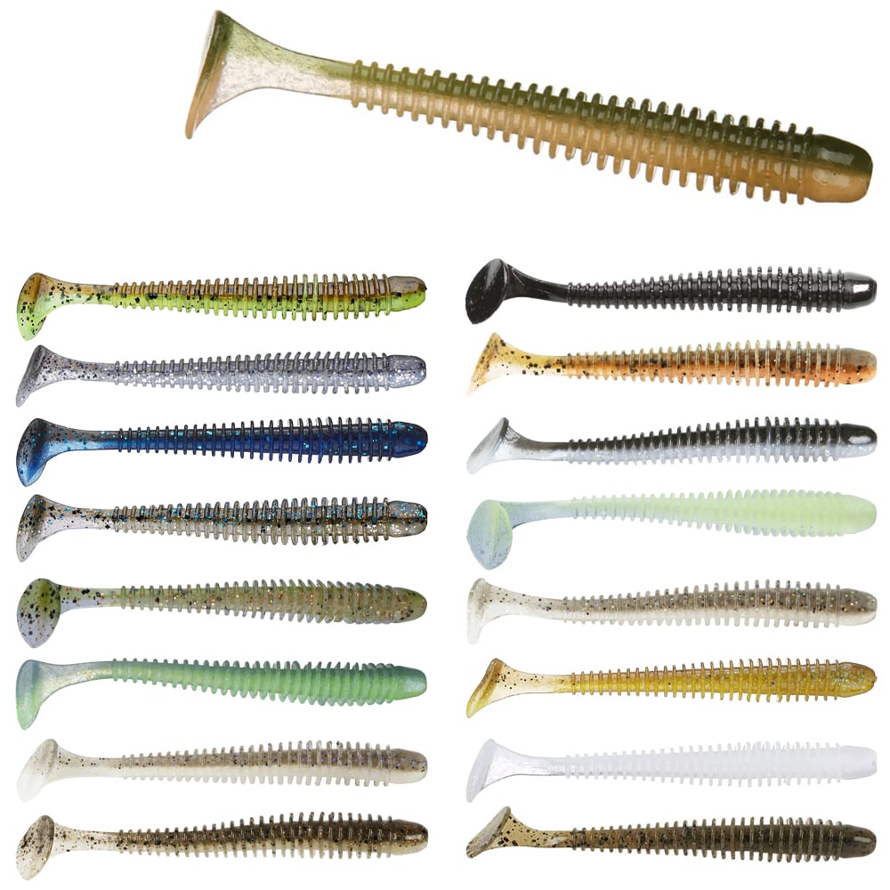 A set of 15 vibrant Keitech Swing Impact Swimbaits, neatly organized in rows. Each soft plastic lure from the Keitech brand features a ribbed body and paddle tail, showcasing an array of colors such as green, blue, brown, silver, and white with flecked patterns.