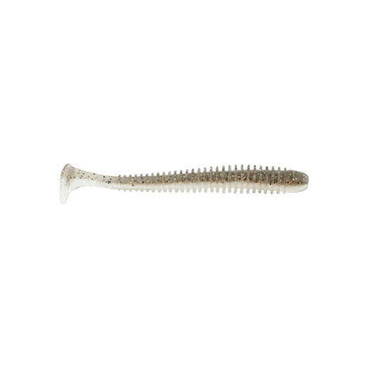 A Keitech Swing Impact Swimbait, known for its white soft plastic body with ribbed texture and speckled pattern, featuring a paddle tail design, is shown isolated on a white background.