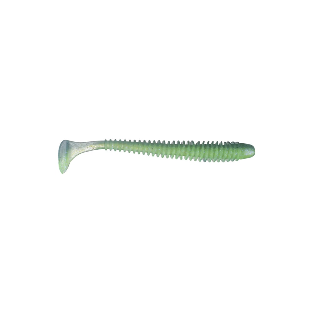 The green ribbed soft plastic fishing lure, known as the Keitech Swing Impact Swimbaits by Keitech, features a paddle tail specially crafted to replicate the movement of a small fish. This swimbait provides realistic action for attracting impressive catches.