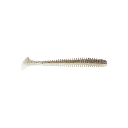 Inspired by the Keitech Swing Impact Swimbaits, this soft plastic fishing lure features a ribbed body and paddle tail. Made from salted plastics, it boasts a light color with scattered specks to boost its appeal in the water.