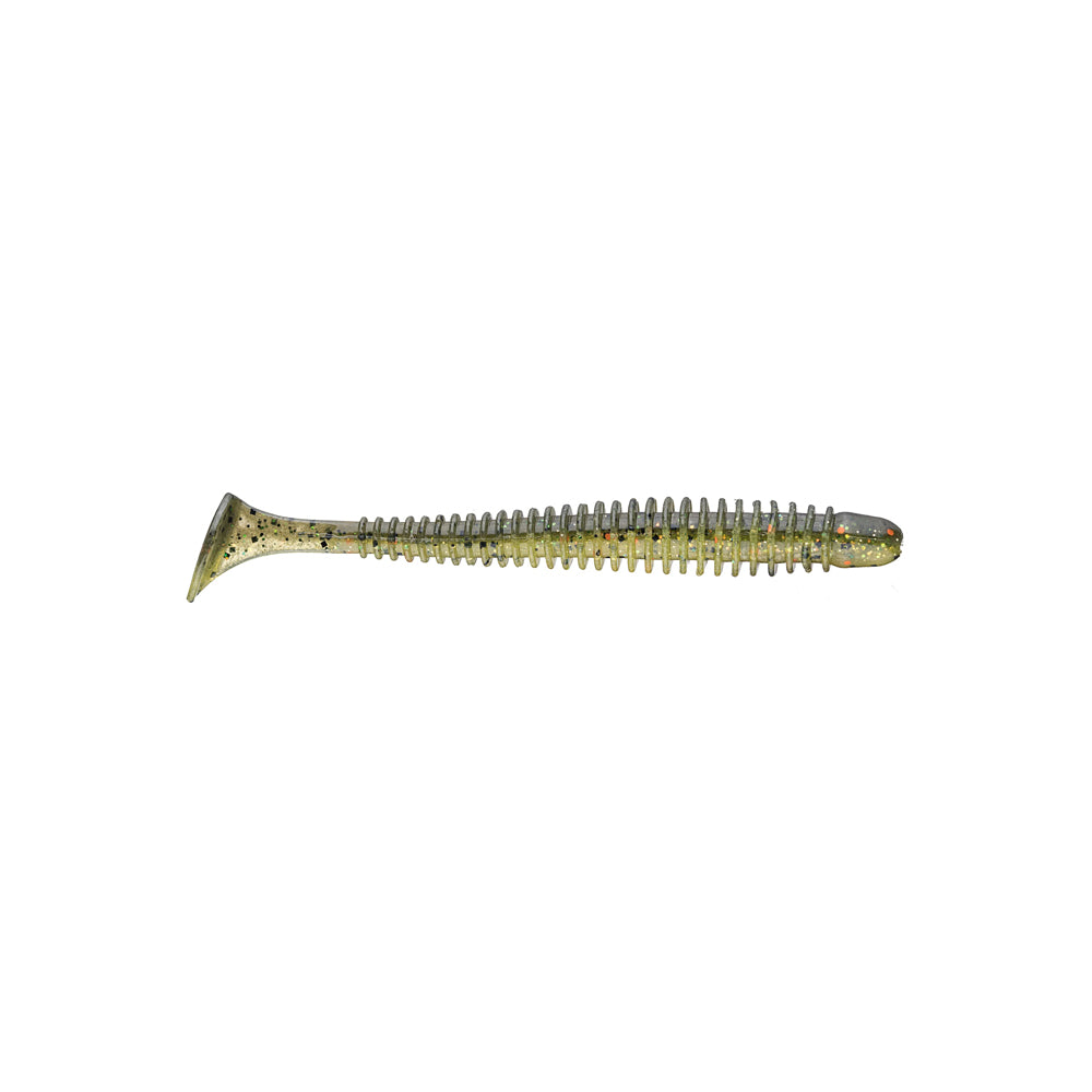 A detailed image showcases a ribbed, green fishing lure featuring a paddle tail, similar to the Keitech Swing Impact Swimbaits by Keitech. This lure, made from salted plastics, offers a speckled texture and realistic fish-like appearance to attract fish effectively.