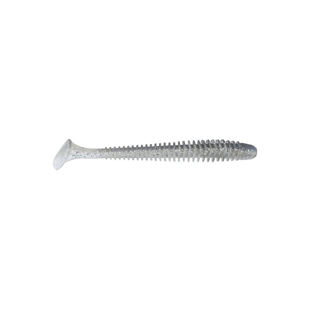 The Keitech Swing Impact Swimbaits, crafted by Keitech, are translucent gray soft plastic lures that showcase a ribbed texture and paddle tail to mimic baitfish effectively. Made from salted plastics, these swimbaits excel at attracting catches, beautifully displayed against a white background.