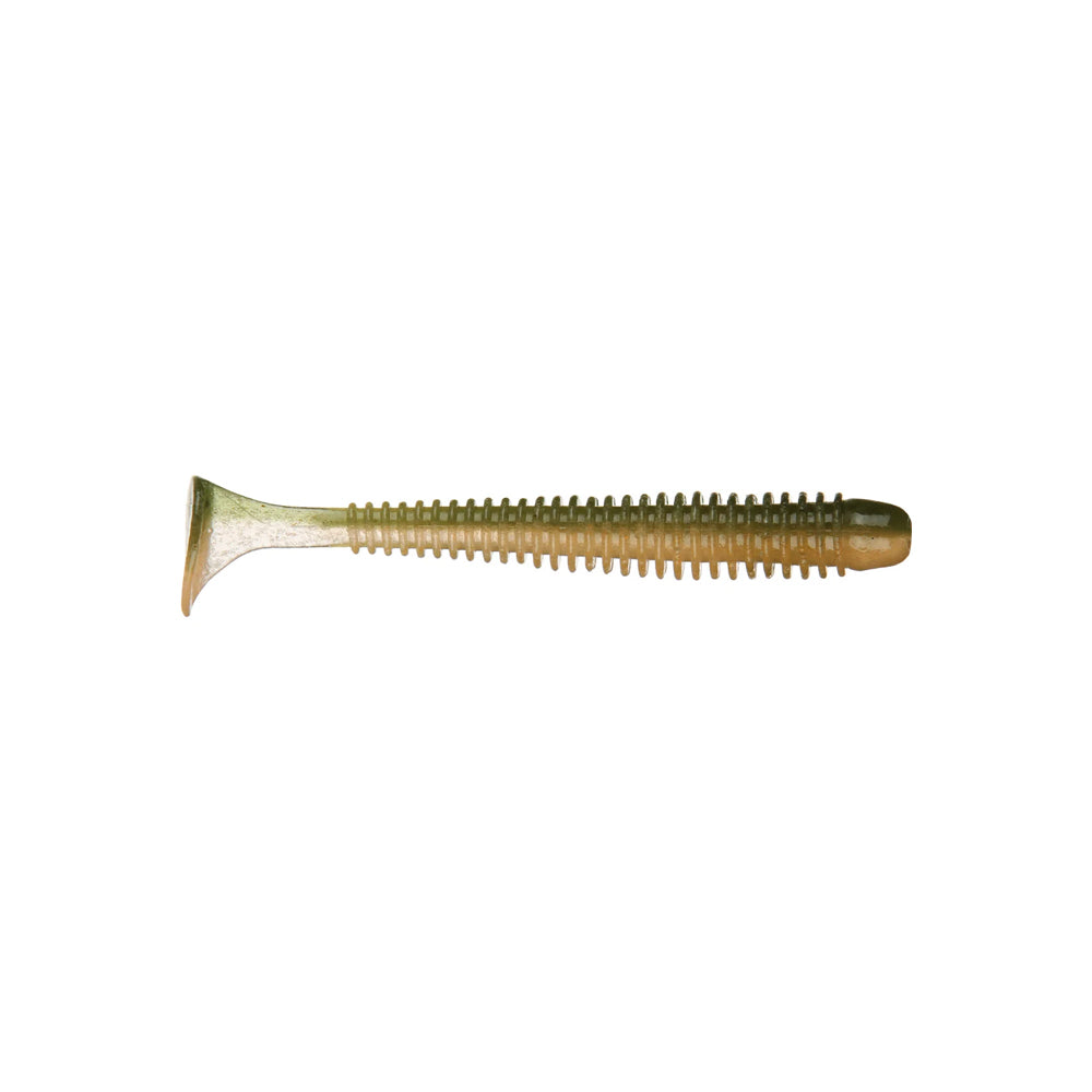 A solitary brown Keitech Swing Impact Swimbait, featuring a ribbed body and a tapered, flat tail to resemble a small fish or aquatic creature, is crafted from salted plastics and set against a white background.