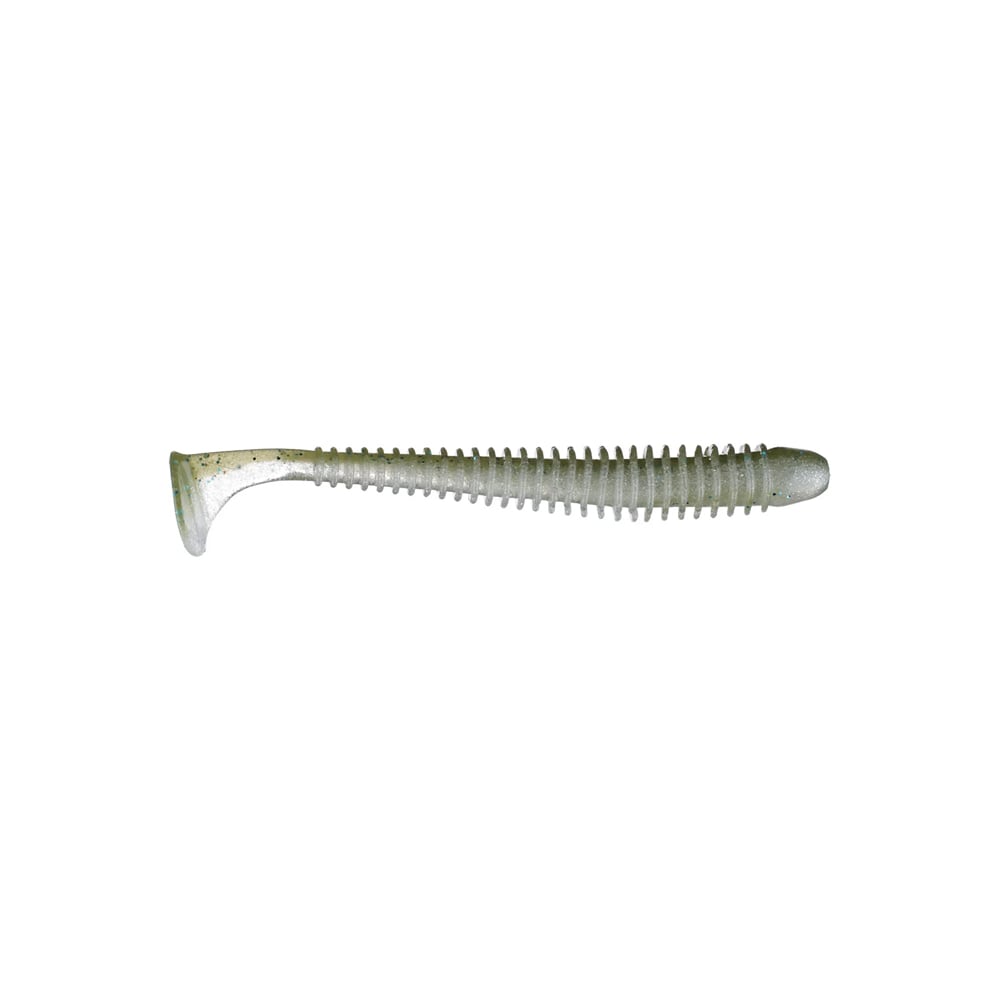 A close-up of a gray, ribbed Keitech Swing Impact Swimbait with a paddle tail, designed to mimic a small fish. This lure from Keitech is showcased against a plain white background, ideal for any aspiring tournament winner.