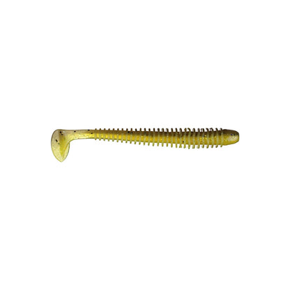 The Keitech Swing Impact Swimbait, designed in a yellow and brown ribbed pattern, resembles a classic swimbait. Featuring a paddle tail to attract fish and speckled with small black specks across its elongated form, it is crafted from salted plastics for enhanced allure.