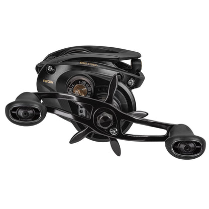 Close-up of an americanlegacyfishing Lew's BB1 Pro Casting Reel in black, showcasing its sleek design with dual handles and intricate dials. Featuring a QuietCast Adjustable Centrifugal Braking System, it’s ideal for professional angling. Model details "Pro H" and "80 H Pro" are visible.