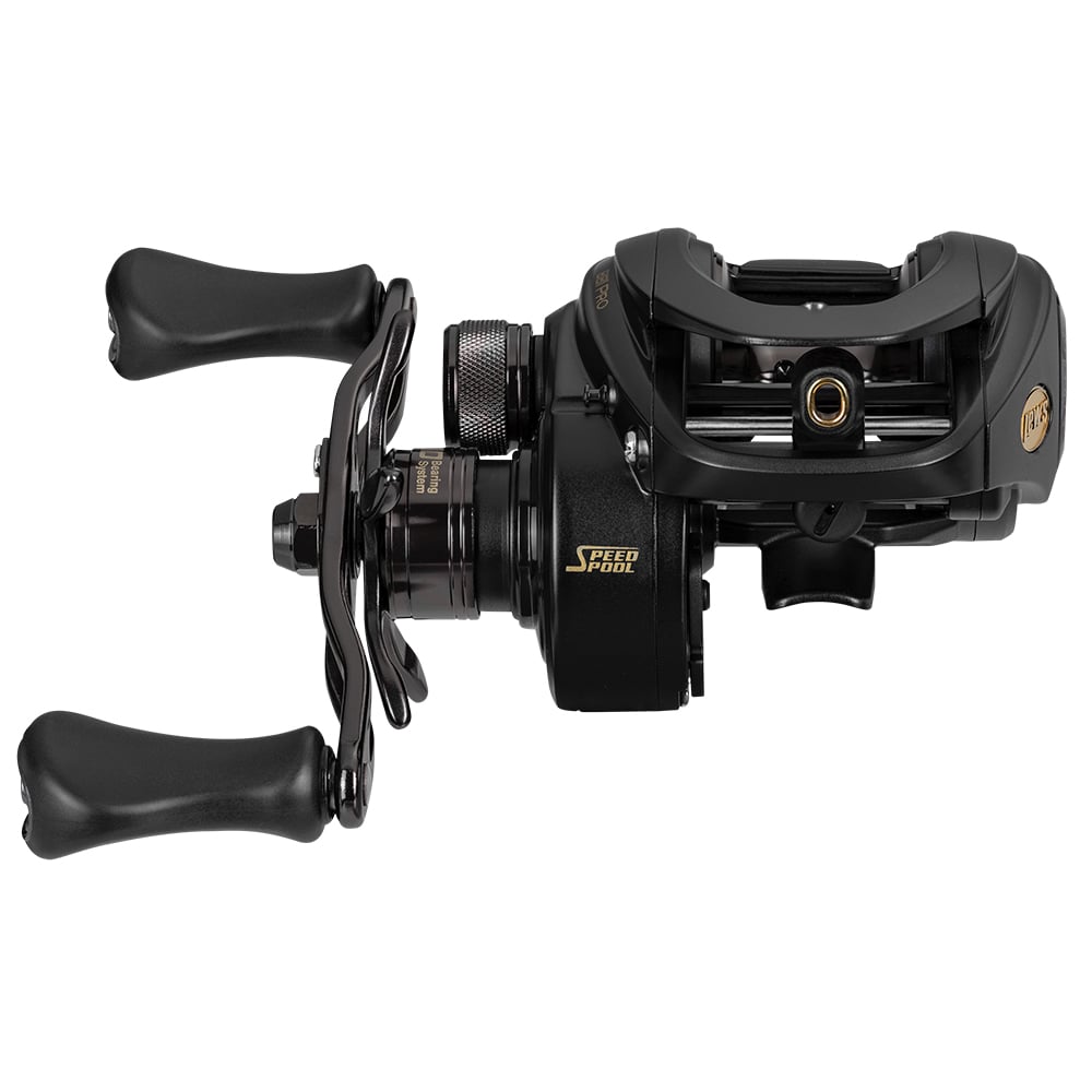 The Lew's BB1 Pro Casting Reel 6.2:1 Right Hand (PRO1H) by americanlegacyfishing features a black metallic finish, ergonomic handles, "Speed Spool" text, adjustment knobs, and a durable frame for precision—perfect for professional anglers.