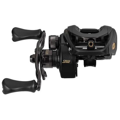 The image displays a sleek Lew's BB1 Pro Casting Reel 7.5:1 Right Hand (PRO1SH) by americanlegacyfishing. It features dual ergonomic handles, gold accents, a visible spool, and the QuietCast Adjustable Centrifugal Braking System for smooth fishing.