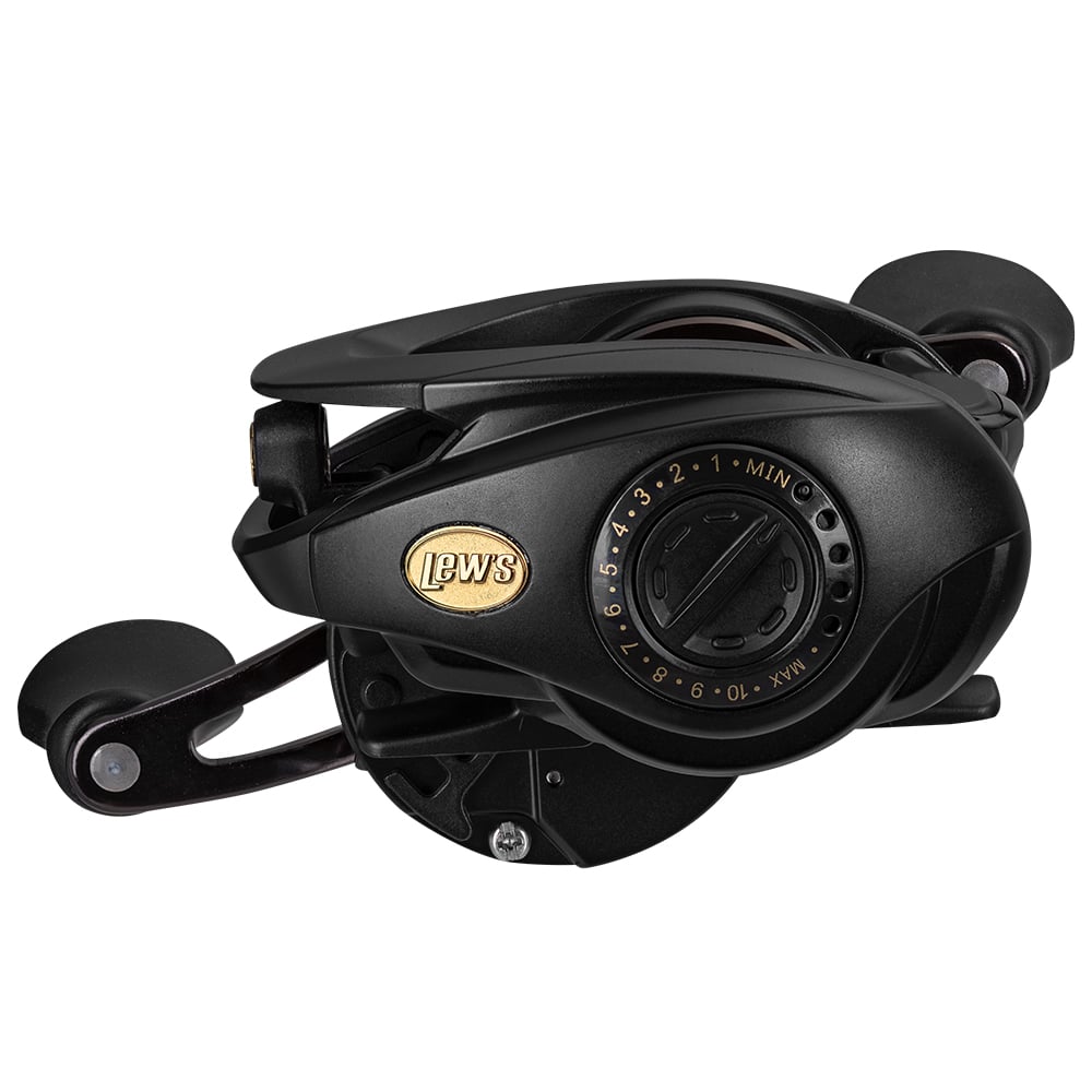 The Lew's BB1 Pro Casting Reel 6.2:1 Right Hand | PRO1H by americanlegacyfishing features a black, glossy finish, ergonomic design, a round dial with numerical settings, gold logo on the side, and QuietCast Adjustable Centrifugal Braking System for smooth control—ideal for pro anglers.