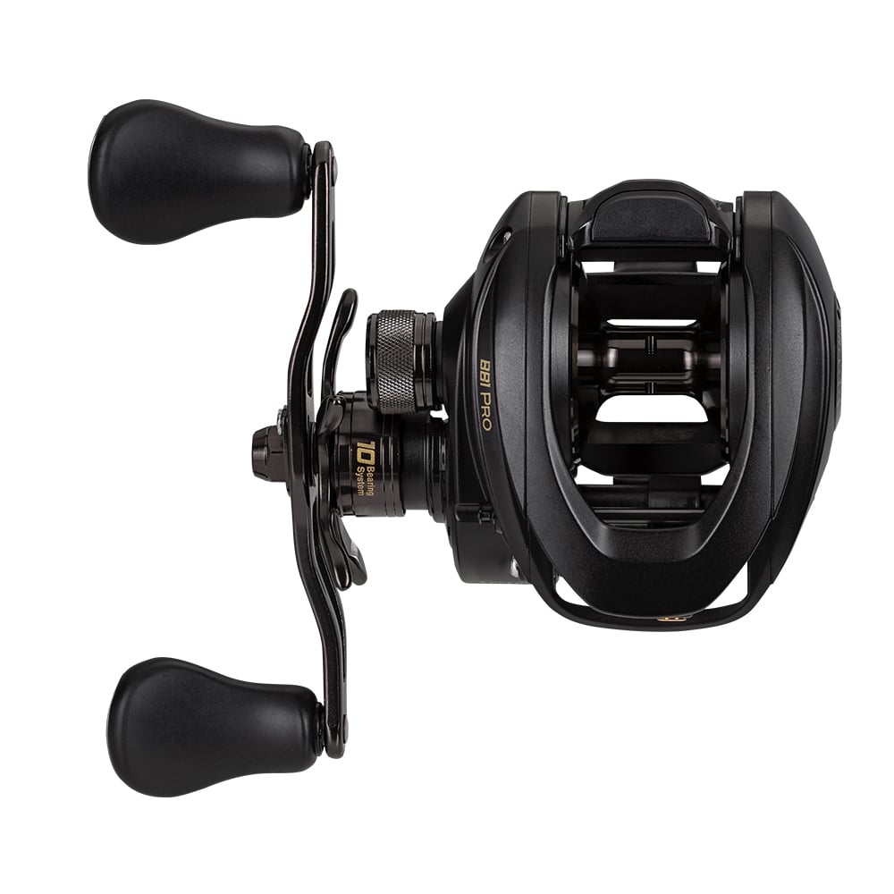 The Lew's BB1 Pro Casting Reel 6.2:1 Right Hand by americanlegacyfishing is designed for pros, featuring ergonomic handles and a QuietCast Adjustable Centrifugal Braking System, ensuring precision with its intricate mechanical components, elegantly showcased from the side view.