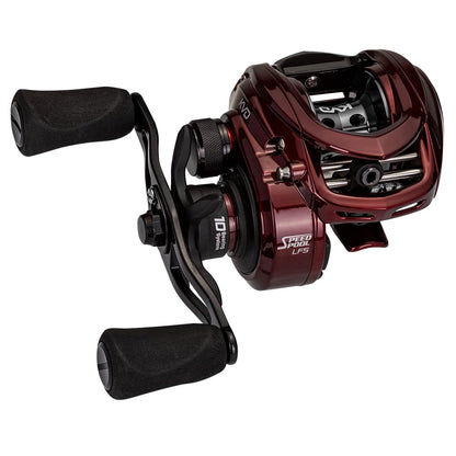 Introducing the Lew's KVD LFS Series Casting Reel 6.2:1 Right Hand | KVD1H from americanlegacyfishing, a maroon baitcasting fishing reel with black handles and metallic accents. It features the text "Speed Spool LFS" and is equipped with 10 bearings for superior performance. The reel boasts an aluminum frame and Speed Gears®, delivering a sleek, modern design with a visible spool and ergonomic handle grips.