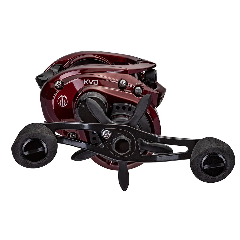 The Lew's KVD LFS Series Casting Reel 6.2:1 Right Hand | KVD1H, available from americanlegacyfishing, features a striking red and black design with "KVD" proudly displayed. It boasts an aluminum frame and Speed Gears® for unmatched precision, while its sturdy ergonomic handle ensures optimal performance on every cast.