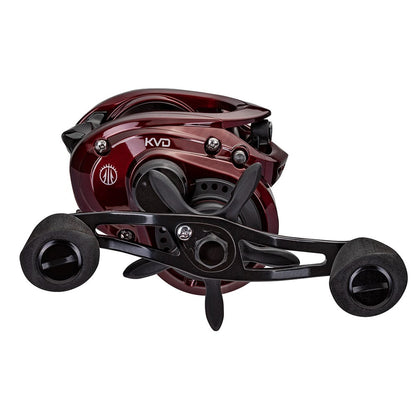 The Lew's KVD LFS Series Casting Reel 6.2:1 Right Hand | KVD1H, available from americanlegacyfishing, features a striking red and black design with "KVD" proudly displayed. It boasts an aluminum frame and Speed Gears® for unmatched precision, while its sturdy ergonomic handle ensures optimal performance on every cast.