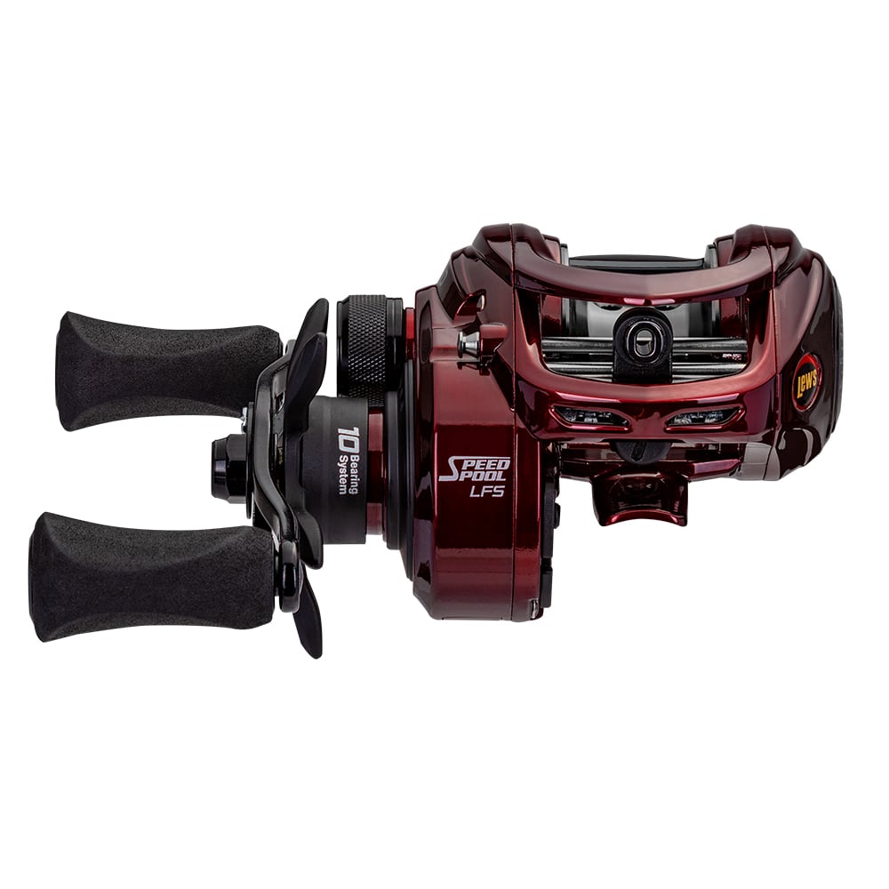 The image showcases a close-up of the Lew's KVD LFS Series Casting Reel 6.2:1 Right Hand | KVD1H by americanlegacyfishing, highlighting its red and black design with dual ergonomic handles and the "Speed Spool LFS" text on the side. Featuring a sleek aluminum frame and shiny finish, this reel is part of the KVD Series, offering a modern design for avid anglers.