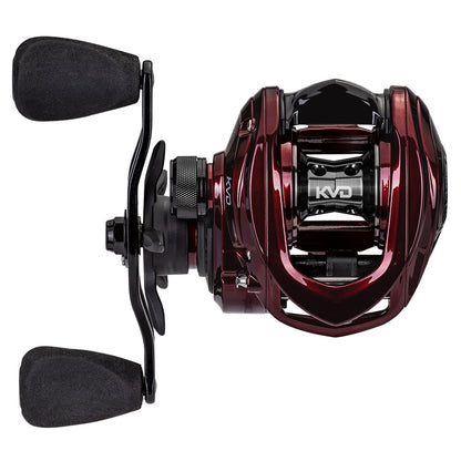 Introducing the Lew's KVD LFS Series Casting Reel 6.2:1 Right Hand | KVD1H, crafted by American Legacy Fishing. This reel boasts a red and black design with an aluminum frame, featuring a smooth handle grip and precision components, making it ideal for fishing enthusiasts.