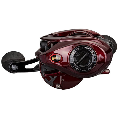 The Lew's KVD LFS Series Casting Reel 6.2:1 Right Hand | KVD1H from americanlegacyfishing features a sleek and compact design with an aluminum frame and black grip. It includes a circular adjustment dial with numbered settings, and Speed Gears® provide smooth performance. The brand logo is prominently displayed on the side.