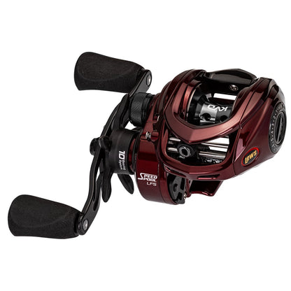 The Lew's KVD LFS Series Casting Reel 6.2:1 Right Hand | KVD1H, from americanlegacyfishing, showcases a striking black and red metallic design. It features an aluminum frame with dual foam handles and incorporates Speed Gears® for fishing enthusiasts who value detailed gear systems and dependable, sleek performance in a baitcasting reel.