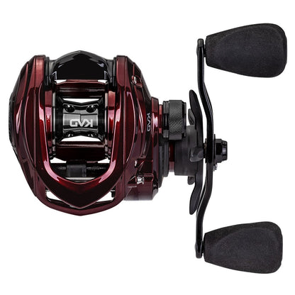 A close-up of the Lew's KVD LFS Series Casting Reel 7.5:1 Left Hand | KVD1SHL from americanlegacyfishing reveals its red and black design, featuring two handles. The sleek design highlights its high-strength Speed Gears and intricate components, all encased within a durable aluminum frame adorned with visible branding.