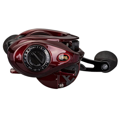 Here's an updated version of the sentence using the provided product data:

A stylish Lew's KVD LFS Series Casting Reel (KVD1SHL) in a sleek, maroon finish with black accents and a compact design. This americanlegacyfishing product features high-strength Speed Gears, a circular dial with numeric settings, and a prominent handle for easy grip. The brand logo is displayed on its durable aluminum frame.