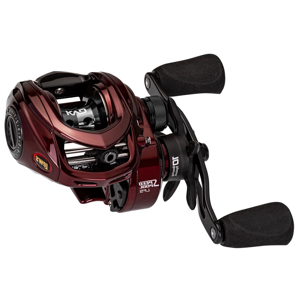 The Lew's KVD LFS Series Casting Reel 7.5:1 Left Hand (KVD1SHL) from americanlegacyfishing boasts a dark red aluminum frame complemented by black handles and intricate metal components. Its sleek, compact design features high-strength Speed Gears and a detailed winding mechanism, making it ideal for precision casting.