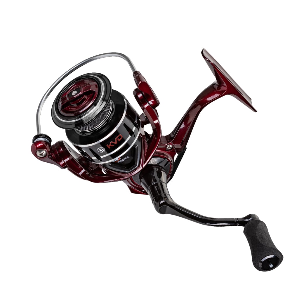 The americanlegacyfishing Lew's KVD Spinning Series Spinning Reel 6.2:1 | KVD300 features a stylish red and black design, complete with an ergonomic handle and distinctive branding. Its Aluminum Frame provides durability, while the Premium Bearing System ensures an exceptionally smooth mechanism, making it a modern marvel for fishing enthusiasts.