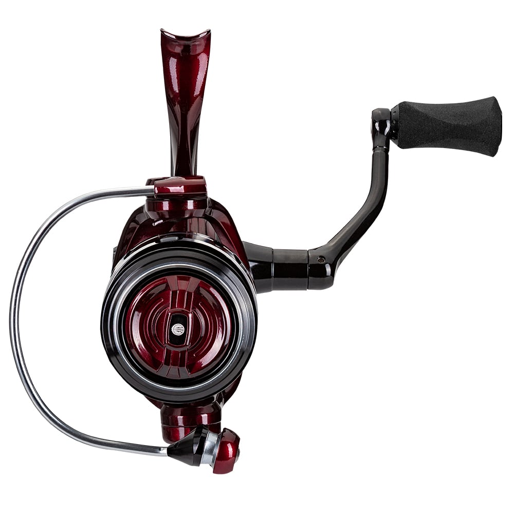 The Lew's KVD Spinning Series Spinning Reel 6.2:1 | KVD300 by americanlegacyfishing is a red and black fishing reel that boasts a smooth, ergonomic handle and a sleek design. With an aluminum frame, metallic accents, and a shiny finish, it features a premium bearing system suited for various fishing applications.