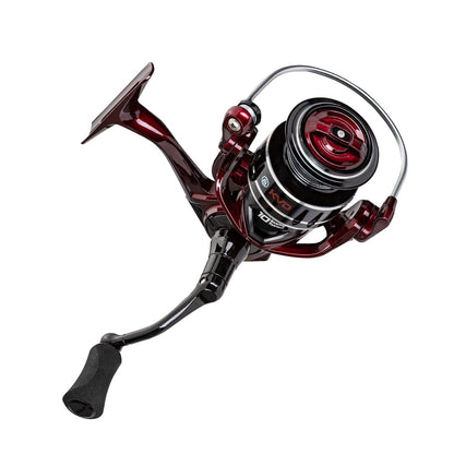 Introducing the Lew's KVD Spinning Series Spinning Reel 6.2:1 | KVD300 by americanlegacyfishing: a red and black fishing reel with a sleek design. With its aluminum frame and Premium Bearing System, it promises smooth performance. The black handle with a padded grip complements the spool's red metallic finish, all presented on a white background.