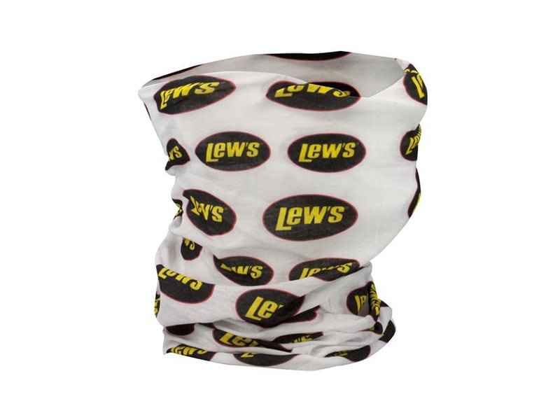 The Lew's Speed Shield Neck Buff, made with CoolMax fabric, provides solar protection and displays the "Lew's" logo in black and yellow on an oval-shaped background. The moisture-wicking material is gathered in folds, highlighting the repeated logo pattern.