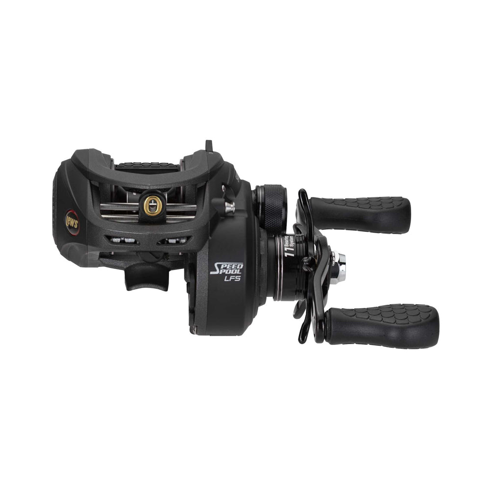 The Lew's Super Duty Gen 2 Casting Reel 8.3:1 Left Hand (SD1XHLF) by americanlegacyfishing is a black baitcasting reel with ergonomic handles, streamlined design, visible branding, an impressive 8.3:1 gear ratio, and a compact build suitable for various fishing rods.