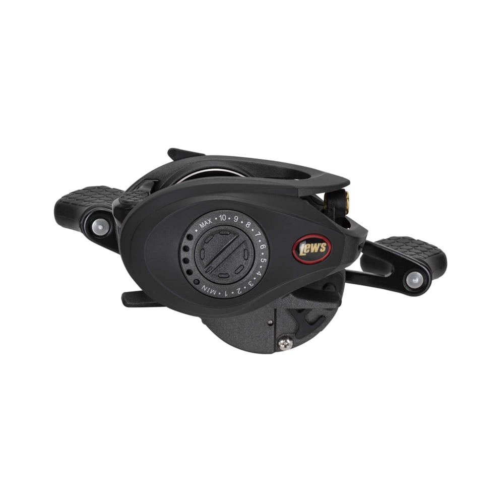 The Lew's Super Duty Gen 2 Casting Reel 8.3:1 Left Hand from American Legacy Fishing features a black design with a red and yellow logo, cranking handles, metal spool, carbon fiber drag system, and adjustment dials for precision and power in every cast.