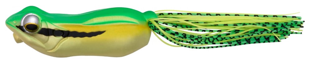 The Megabass Big Gabot Hollow Body Frog is a green and yellow fishing lure with a black stripe near the eyes, long multicolored skirt strands, realistic eye design, and splash-walking action. It includes a custom hook to help reel in big catches.