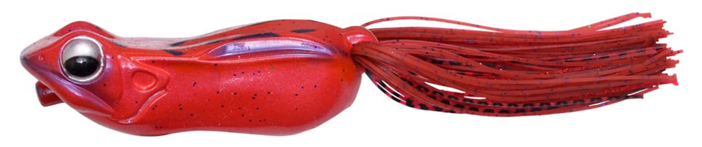 The Megabass Big Gabot Hollow Body Frog is a red, frog-shaped fishing lure with large eyes and a tassel-like tail. It features a speckled, glossy body and a custom hook for efficient catches, providing distinctive splash-walking action.