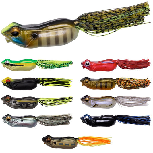 This set includes ten Megabass Big Gabot-inspired lures in frog shapes with frilled tails. They offer splash-walking action in green, red, and metallic hues, each with unique patterns and custom hooks for enhanced performance.