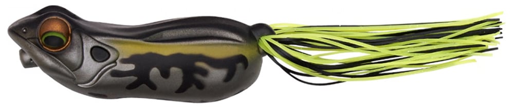 The Megabass Big Gabot Hollow Body Frog by Megabass is a lifelike fishing lure with a black and green body, detailed orange eyes, and black and lime-green tail strands. Its splash-walking action and custom hook design mimic a real frog's movement seamlessly.