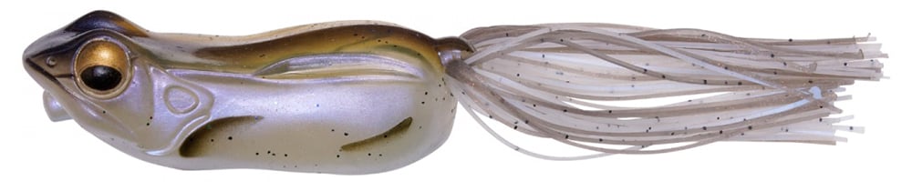 The Megabass Big Gabot Hollow Body Frog, by Megabass, features a pearly body, textured eyes, and sculpted mouth. Its long speckled legs mimic splash-walking action, and the custom hook ensures secure catches.