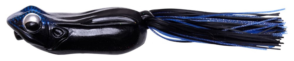 The Megabass Big Gabot Hollow Body Frog in black and blue boasts shiny, textured skin, rubbery leg strands, large reflective eyes, and a custom hook to enhance splash-walking action—perfect for an enticing fishing experience.