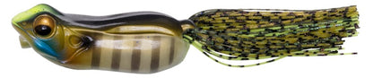 The Megabass Big Gabot Hollow Body Frog lure, by Megabass, showcases a realistic fish shape with a striped body and tasseled tail. Its black, green, and gold shades offer splash-walking action enhanced by green and black fiber strands in the tail for authentic allure.