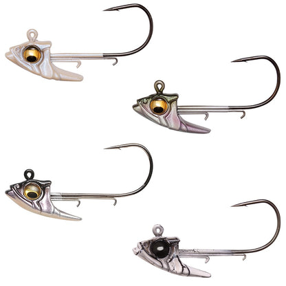 The Megabass Body Balance Swimbait Jighead set includes four fishing hooks featuring fish-shaped heads, engineered for stable swimming action, available in metallic finishes of pearl white, black, silver, and gold. The balanced jig heads are displayed vertically from top to bottom against a white background.