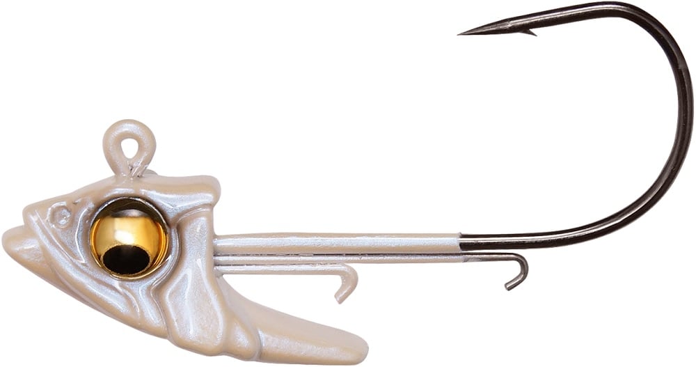 The Megabass Body Balance Swimbait Jighead, created by Megabass, is designed in the shape of a fish and features a metallic gold eye with a large hook extending from the back. Its sleek, textured surface is crafted to mimic the appearance of a fish and ensure stable swimming action in water.