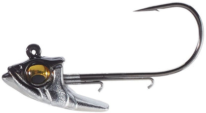 Detailed view of the Megabass Body Balance Swimbait Jighead, showcasing its silver finish and large, realistic eye paired with a sharp hook. Its sleek design is ideal for luring big bass.