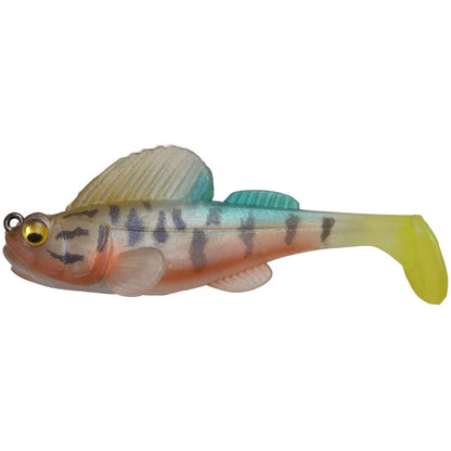 The Megabass Dark Sleeper Swimbait, created by Megabass, is a vibrant fishing lure designed to resemble a fish. It features a translucent body adorned with blue, orange, and yellow shades. The lure offers paddle-tail action, detailed scales, a dorsal fin, and lifelike eyes to imitate a small fish swimming near bottom structures.