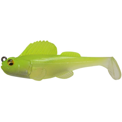 The Megabass Dark Sleeper Swimbait, in lime green, is a soft plastic lure with a fish-like design that includes a dorsal fin and tail. Its lifelike eye detail and front hook loop enhance its paddle-tail action, making it ideal for navigating bottom structures.